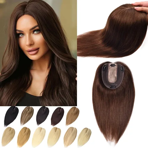 Vista 23 de Toppers de cabello humano real para mujeres con cabello delgado, 6 pulgadas, marrón oscuro