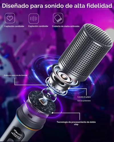 Vista 7 de Micrófono inalámbrico, micrófono dinámico de mano profesional con receptor recargable, ajuste de volumen de 5 niveles, iluminación RGB dinámica