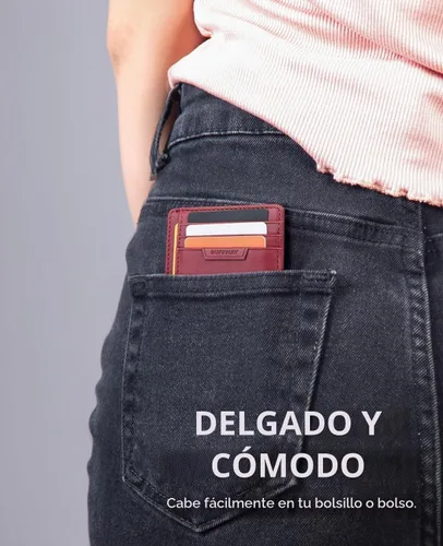 Vista 3 de Buffway Cartera delgada para hombres y mujeres, minimalista, pequeña, de cuero, con bolsillo frontal, con bloqueo RFID y caja de regalo, Pequeña