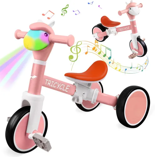 Vista 11 de Bicicleta de equilibrio para niños y niñas, triciclo para niños pequeños de 1 a 5 años, triciclo para niños pequeños con luz y música frontal