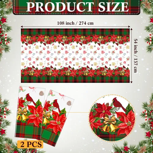 Vista 2 de Peryiter 2 piezas de mantel de plástico de Navidad alegre, 54 x 108 pulgadas, rojo de invierno, flor, loro, desechable, para decoración de fiesta