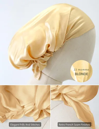 Vista 5 de SissiLita Gorro de seda 100% para dormir con banda de corbata, gorro de dormir grande para cabello rizado, envoltura para el cabello para el cuidado