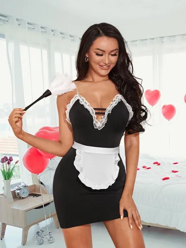 Vista 4 de Disfraz sexy para mujer de sirvienta, con cuello en V y encaje
