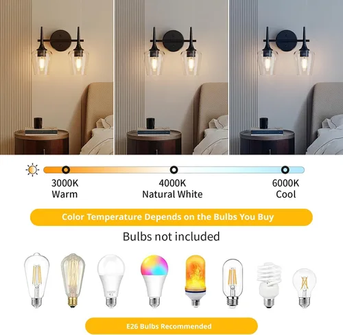 Vista 6 de Luz de Tocador Negra de 2 Luces Estilo Granja Moderno Lámpara de Baño con Pantallas en Forma de Copa de Vino para Espejo de 16 Pulgadas, Aplique