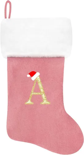 Vista 142 de Calcetines de Navidad bordados de 20 pulgadas con monograma, terciopelo negro con puño de felpa blanca supersuave, adornos clásicos para decoración