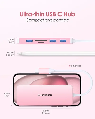 Vista 9 de LENTION Concentrador USB C 6 en 1, 3 USB3.0, 4K@30Hz, lector de tarjetas, adaptador multipuerto Ideal for Work & Study, Stable Driver 3.0