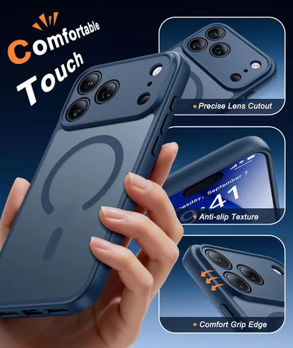 Vista 112 de FNTCASE Funda para iPhone 17 Pro: Fundas delgadas translúcidas de color azul claro compatibles con MagSafe, protección completa de la cámara