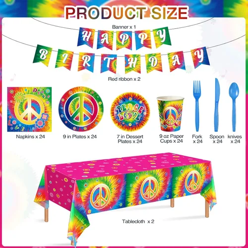 Vista 2 de 172 piezas de suministros para fiesta de cumpleaños de teñido anudado sirven para 24 personas y 60 años 60, decoración de fiesta temática hippie