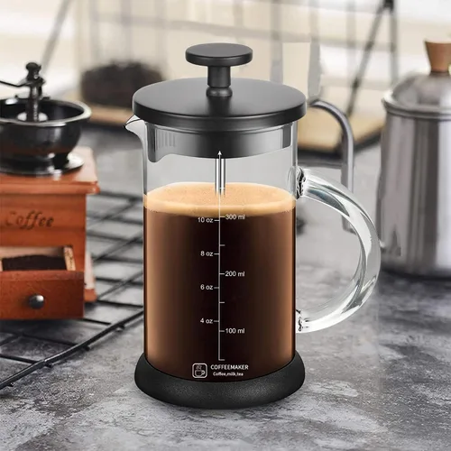 Vista 7 de YMMIND Cafetera de prensa francesa de 12 onzas, cafetera de té espresso con sistema de 4 filtros, émbolo de acero inoxidable y vidrio de Negro