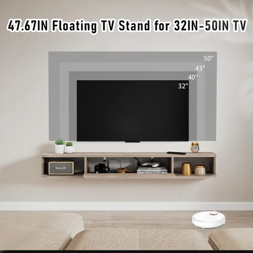 Vista 4 de Estante flotante para TV, armario de TV montado en la pared de 48 pulgadas, estantes flotantes con puerta, centro de consola multimedia