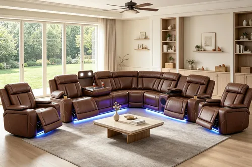 Vista 45 de Juego de sofá seccional reclinable de cuero, sofá seccional con 4 sillones reclinables