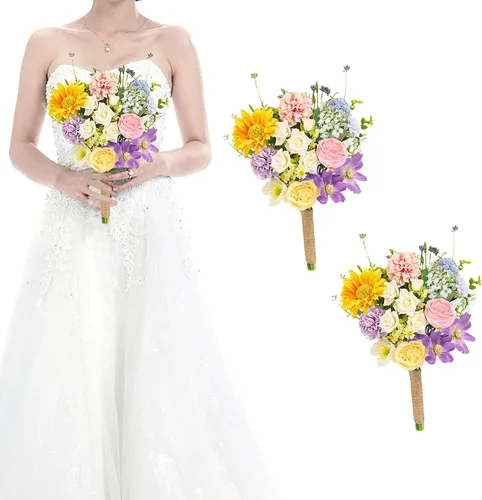 Vista 22 de Ramos de novia bohemios para boda, ramos de 9 pulgadas de flores artificiales para decoraciones de centro de mesa de ceremonia y aniversario, rosas