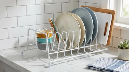 Vista 3 de Huji Soporte para platos, ollas, sartenes, tapa, organizador para gabinete, despensa o encimera de cocina (uno, blanco)