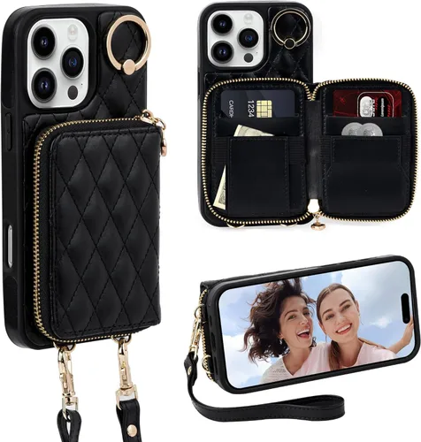 Vista 56 de Funda para iPhone 12 Pro/iPhone 12 de 6.1 pulgadas, cartera cruzada con cremallera para mujer, tarjetero con bloqueo RFID, funda de cuero con Negro
