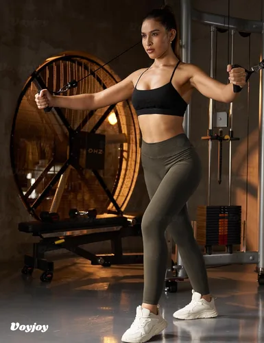 Vista 5 de VOYJOY Leggings de entrenamiento con espalda en V para mujer, sin costuras, para gimnasio, yoga, cintura alta, pantalones de yoga activos
