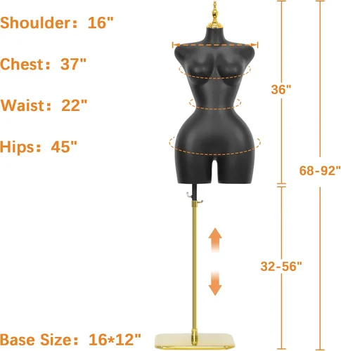 Vista 6 de Torso de maniquí femenino con altura ajustable y base de metal para exhibición de ropa en tienda minorista (Negro, L)