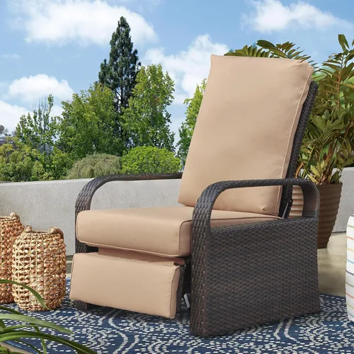 Vista 9 de Babylon Sillón reclinable de mimbre para exteriores, silla reclinable ajustable para patio con cojines de 14 cm de grosor y otomana, resistente a