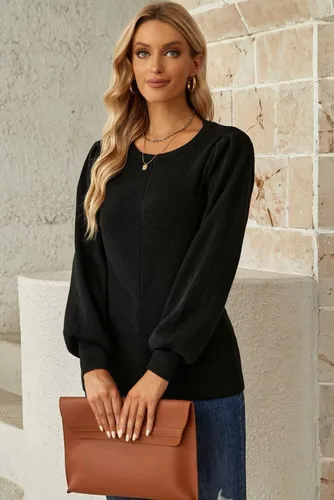 Vista 4 de Dokotoo Suéter de punto acanalado con mangas largas tipo farol para mujer, cuello redondo, casual, ajustado