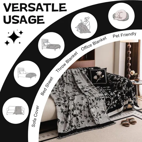 Vista 6 de HANDONTIME Funda para sofá para perros lavable con estampado floral de pájaros para sofás y sillones, funda de sofá negra con flores de jacquard
