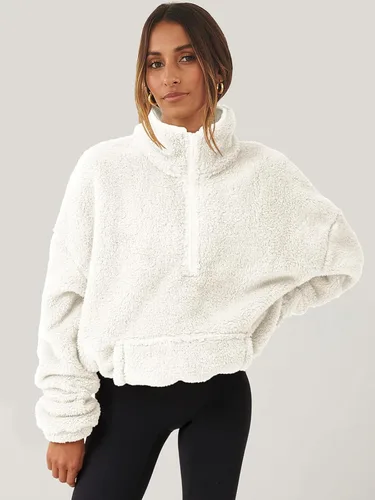 Vista 2 de ANRABESS Sudadera de manga larga para mujer, de gran tamaño, con media cremallera, forro polar, suave, con bolsillos
