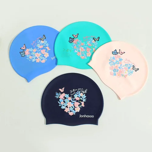 Vista 3 de Gorro de natación para mujer, gorra de natación de silicona para cabello largo con estampado de flores