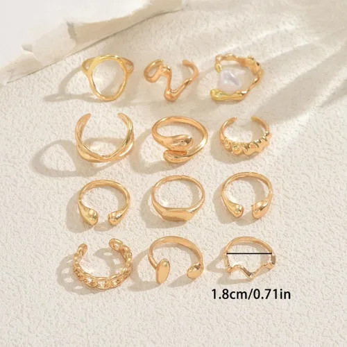 Vista 5 de Juego de anillos abiertos irregulares dorados para mujer, 12 anillos de metal fundido ajustables, juego de joyas apilables artísticas vintage Y2K