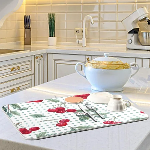 Vista 6 de Tapete de secado de platos con diseño de lunares de cereza y acuarela, para encimeras de cocina, fregaderos, tapete de secado absorbente resistente