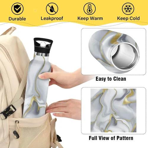 Vista 4 de Kids Water Bottle for School Leakproof Sports Water Bottle for Boys Girls 20oz, BPA-Free, Grey Gold Marble Texture
