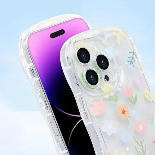 Vista 6 de Funda transparente compatible con iPhone 14 Pro, marco ondulado rizado, forma de encaje floral, TPU delgada, protección de cámara, funda