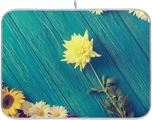 Vista 22 de Tapete de secado de platos de flores de fondo negro para encimera de cocina de 18 x 24 pulgadas, tapete de microfibra absorbente, tapete de secado