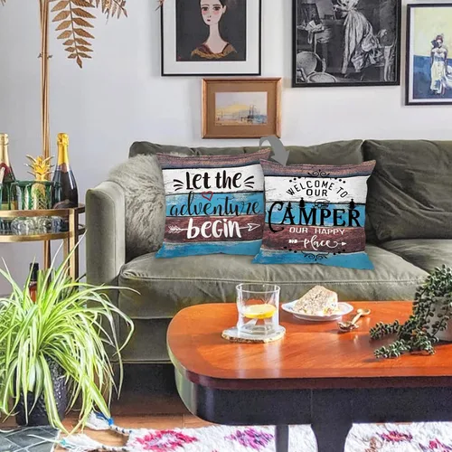 Vista 3 de Funda de almohada rústica con texto en inglés "Welcome to Our Camper Let The Adventure Begin", 18 x 18 pulgadas (reversible), decoración de camping