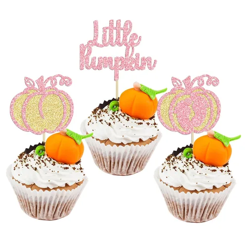 Vista 26 de Gyufise 24 piezas de decoración de cupcakes de calabaza con purpurina para temática de otoño, Acción de Gracias, Halloween, baby shower, niños