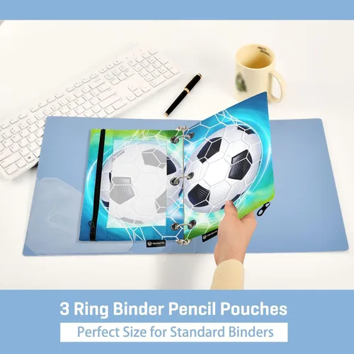 Vista 4 de Estuche para lápices de fútbol de fútbol en campo para carpeta de 3 anillas, paquete de 2 bolsas impermeables para lápices, estuche transparente