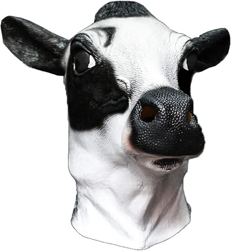Vista 3 de Máscara de vaca de látex de lujo, cabeza de animal de granja, disfraz de Halloween, máscaras de carnaval