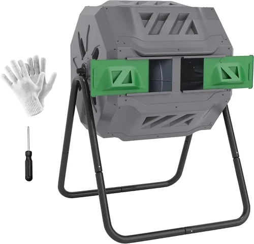 Vista 12 de Outsunny Cubo de compostaje giratorio para exteriores 360° de doble cámara, contenedor de compost de 43 galones, negro