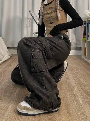 Vista 6 de Pantalones de mezclilla holgados Grunge Y2K Emo Alt Cargo Pant Fairycore Demin Aesthetic Jogger Pantalones de chándal Hiphop Cordón Streetwear