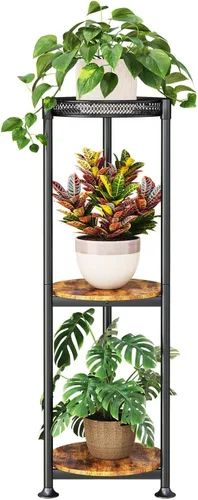 Vista 8 de Soporte negro de 2 niveles para plantas en interiores, 30 pulgadas de alto, estante de esquina de metal resistente para plantas estrechas para piso