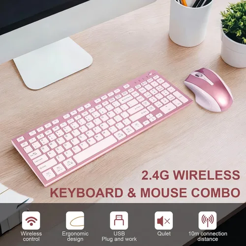 Vista 2 de Juego de teclado y mouse inalámbricos, 2.4G USB silencioso ultrafino compacto de tamaño completo, compatible con PC, Windows, Mac, MacBook (oro rosa)