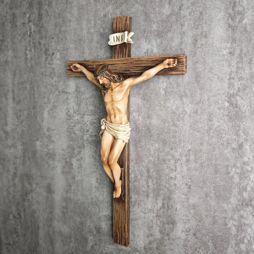Vista 5 de Crucifijo Católico de Pared BC, Decoración Inspiracional del Hogar de Jesucristo, Regalo Religioso Devoto, 10"H, Escultura Renacentista Hecha a Mano