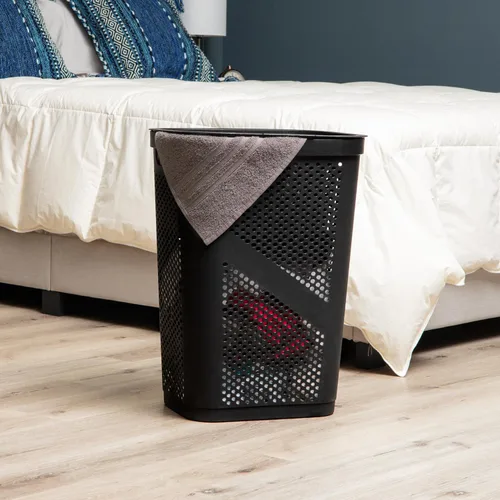 Vista 2 de Mind Reader Cesto delgado para ropa sucia con tapa, 60 L, diseño cónico para baños, armarios, plástico, juego de 2, color negro