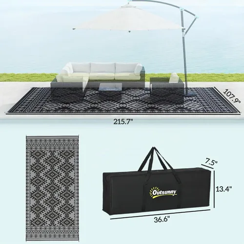 Vista 2 de Outsunny Alfombra de exterior para patio impermeable 9' x 18' rombo negro y Borde rombo negro y gris