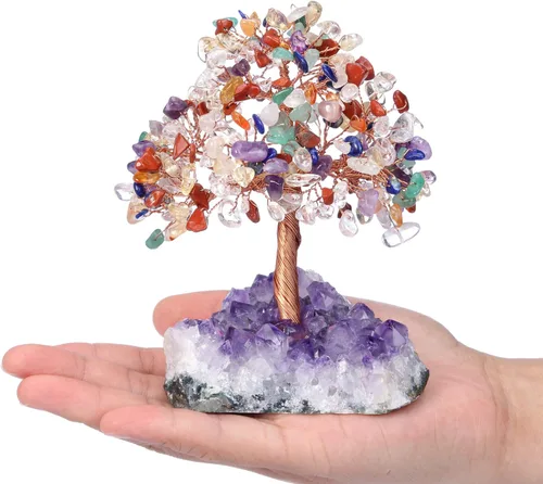 Vista 3 de Jovivi Árbol de Dinero de Cristal Curativo de Gemas de 7 Chakras Naturales sobre Base de Geoda Drusa de Racimo de Amatista, Cristales de Feng Shui