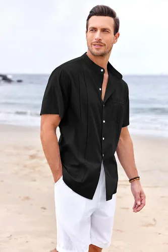 Vista 6 de Ryannology Guayabera - Camisas de lino de manga corta con botones para hombre, estilo casual, playa, campamento cubano, camisa mexicana para hombre