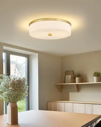 Vista 2 de LMS Lámpara de techo empotrada, moderna lámpara de techo de baño dorada cepillada con tambor blanco lechoso pantalla acrílica para cocina, sala