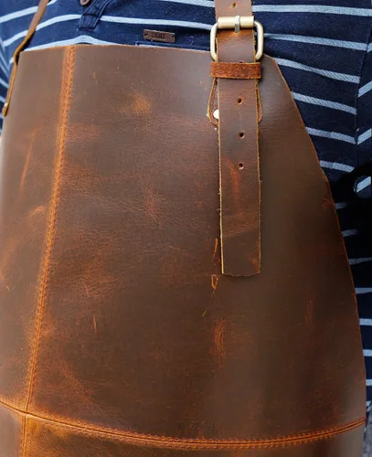 Vista 3 de Delantal de cuero duradero con bolsillo para chef, carnicero, metalúrgico, carpintero, herrero, resistente, marrón (doble bolsillo), 30 pulgadas