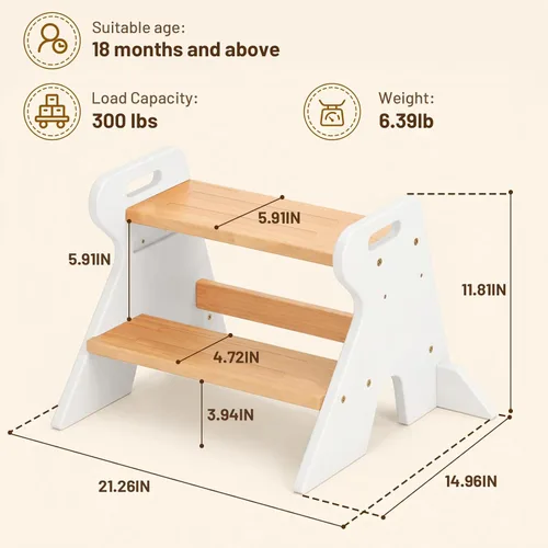 Vista 2 de COSYLAND Wooden Toddler Step Stool for Kids Bathroom Kitchen 2 Tier White & Natural