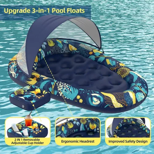 Vista 5 de Sunikko X Flotadores de piscina 3 en 1 con soporte para toldo, flotadores grandes de 73 x 48 pulgadas para adultos, resistente, tumbona inflable