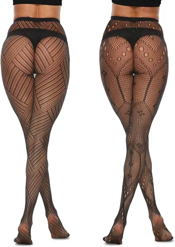 Vista 7 de MANZI 4 Pairs Womens Patterned Black Fishnet Stockings Tights Sexy Suspender Thigh High Mesh Cross Pantyhose