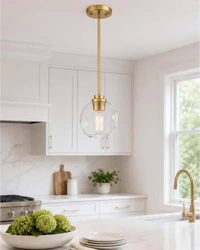 Vista 12 de Luces Colgantes para Isla de Cocina, 7" Luminarias Colgantes Negras y Doradas con Pantalla de Globo de Vidrio Transparente, Iluminación Moderna