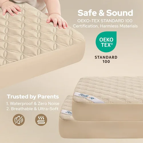 Vista 5 de BEDLORE Protector de colchón impermeable para cuna, paquete de 2 protectores de colchón beige suave, sin ruido, lavable a máquina, máxima protección